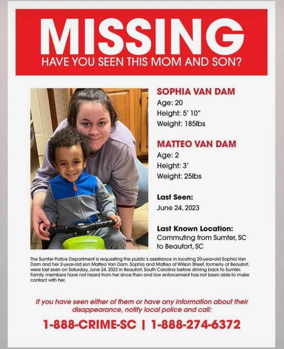 A copy of the missing poster for Sophia Van Dam and Sophia’s child, Matteo.