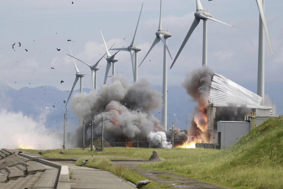 Smoke rises as an engine for an Epsilon S rocket exploded during a test at the Japan Aerospace Exploration Agency's testing site in Noshiro, Akita Prefecture, northeastern Japan, Friday, July 14, 2023. (Kyodo News via AP)