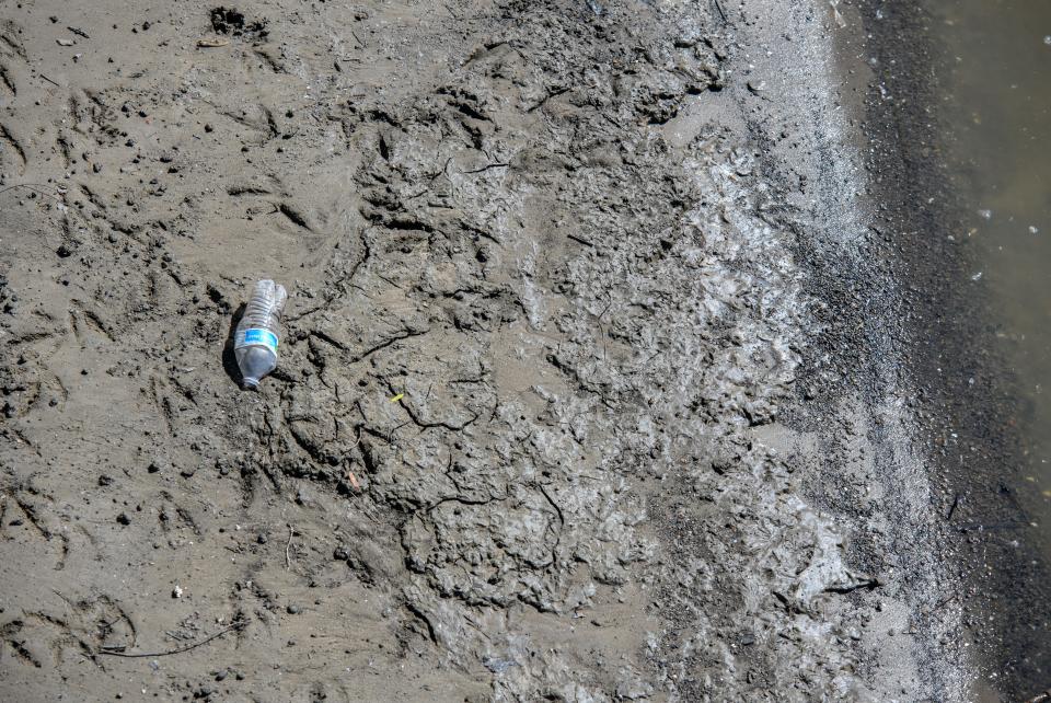 A plastic water bottle rests in the mud on the riverfront along South Front Street in Pekin.