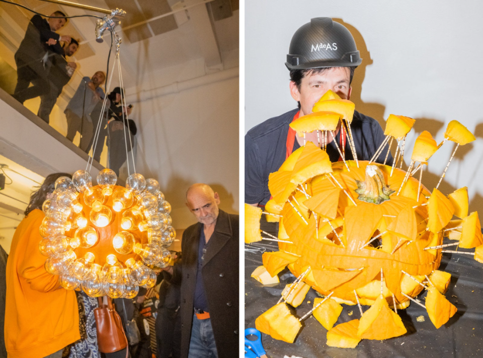 left: a carved pumpkin covered in lightbulbs. right: a pumpkin with pieces of pumpkin stuck all over itself