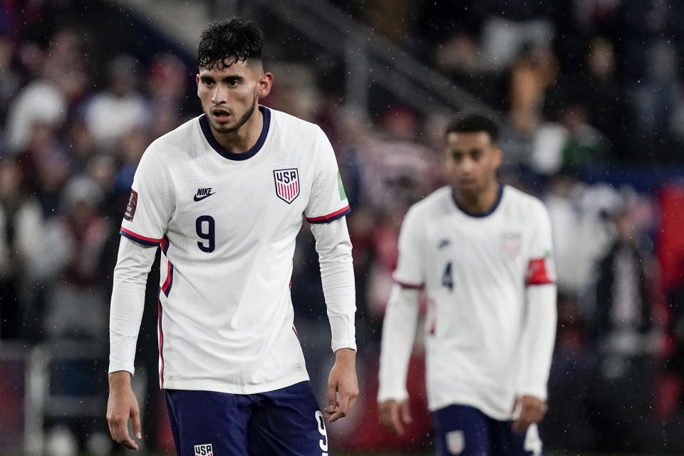 U.S. forward Ricardo Pepi (9) plays during the second half of a FIFA World Cup qualifying soccer match against Mexico, Friday, Nov. 12, 2021, in Cincinnati. (AP Photo/Jeff Dean)