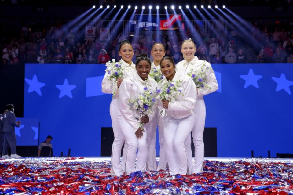 Left to right: Suni Lee, Simone Biles, Hezly Rivera, Jordan Chiles, and Jade Carey pose after being selected for the 2024 U.S. Olympic Women’s Gymnastics Team on Day Four of the 2024 U.S. Olympic Team Gymnastics Trials at Target Center in Minneapolis, Minn., on June 30, 2024.<span class="copyright">Jamie Squire—Getty Images</span>