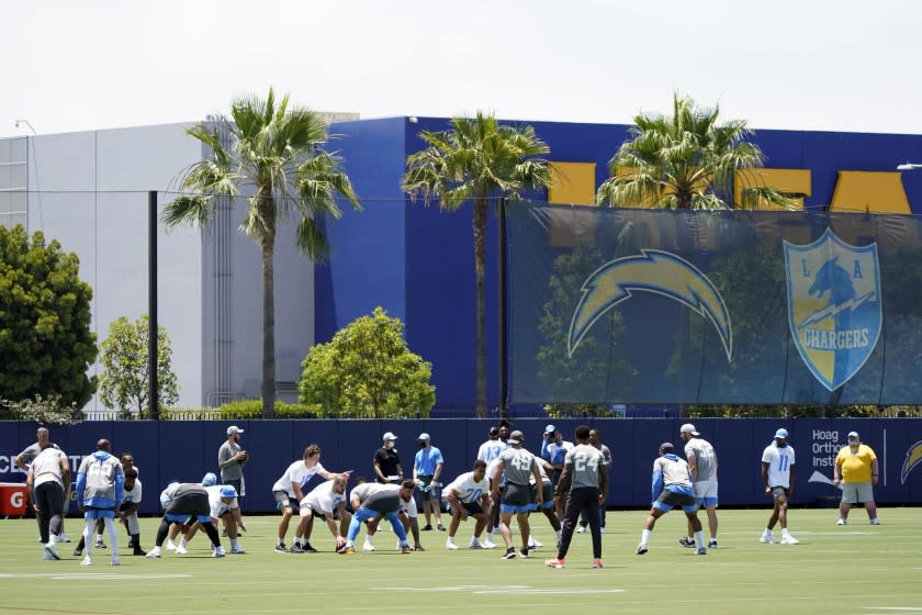 The Los Angeles Chargers line up during the NFL football team's organized team activities.