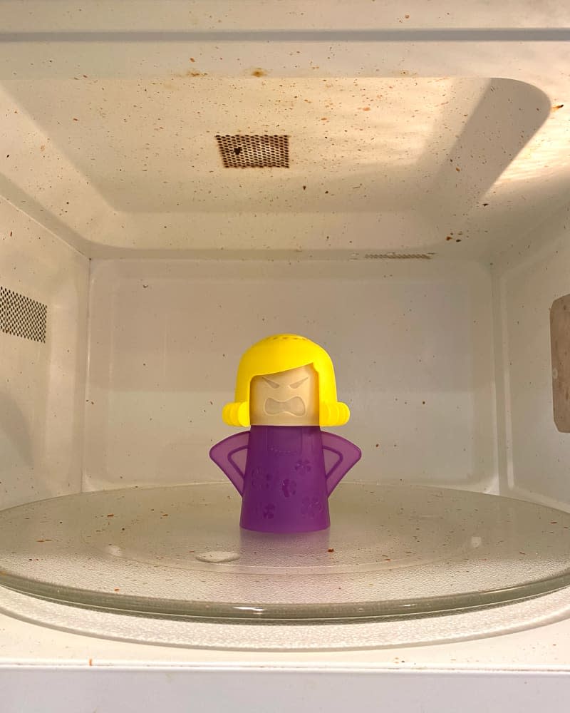 Angry toy in dirty microwave.