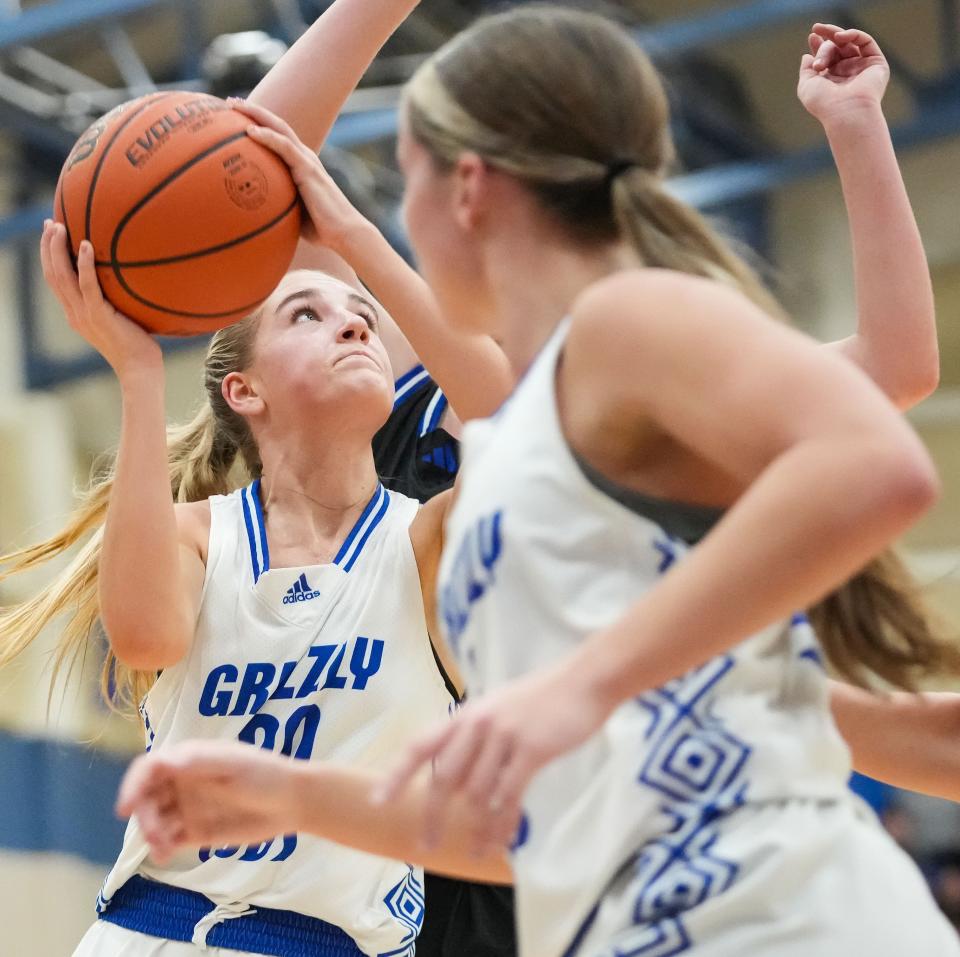 Franklin Community Grizzly Cubs guard Emma Sappenfield (20) goes in for a lay-up Thursday, Jan. 25, 2024, during the game at Franklin Community High School in Indianapolis. The Jennings County Panthers defeated the Franklin Community Grizzly Cubs, 51-44.