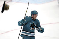 San Jose Sharks left wing William Eklund celebrates an overtime game-winning goal, giving him a hat trick and a 3-2 victory over the St. Louis Blues in an NHL hockey game in San Jose, Calif., Saturday, April 6, 2024. (AP Photo/Scot Tucker)