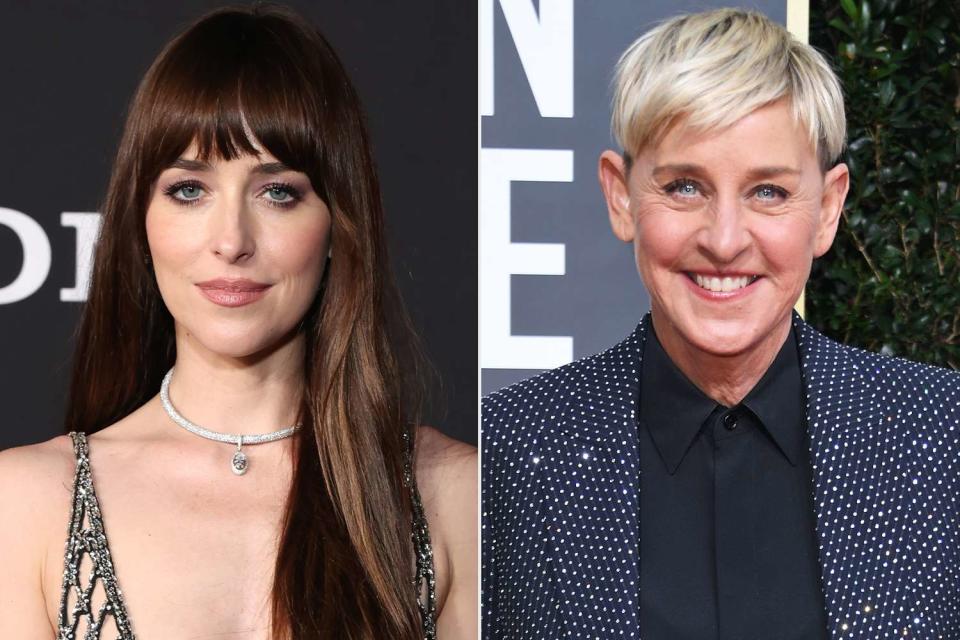 <p>Stewart Cook/Getty; VALERIE MACON/AFP via Getty</p> Dakota Johnson and Ellen DeGeneres