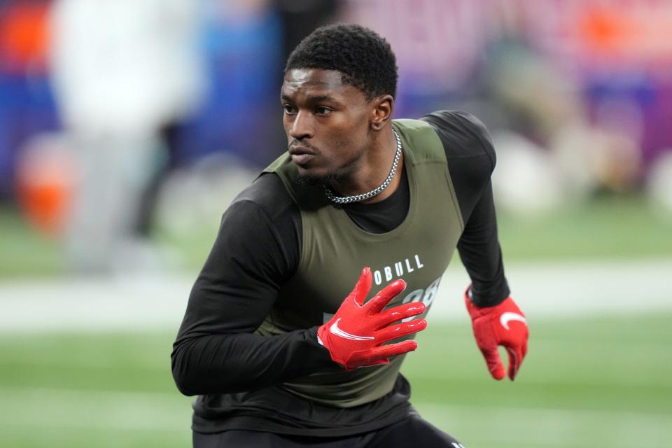 Mar 1, 2024; Indianapolis, IN, USA; Texas Christian defensive back Josh Newton (DB28) ) works out during the 2024 NFL Combine at Lucas Oil Stadium. Mandatory Credit: Kirby Lee-USA TODAY Sports