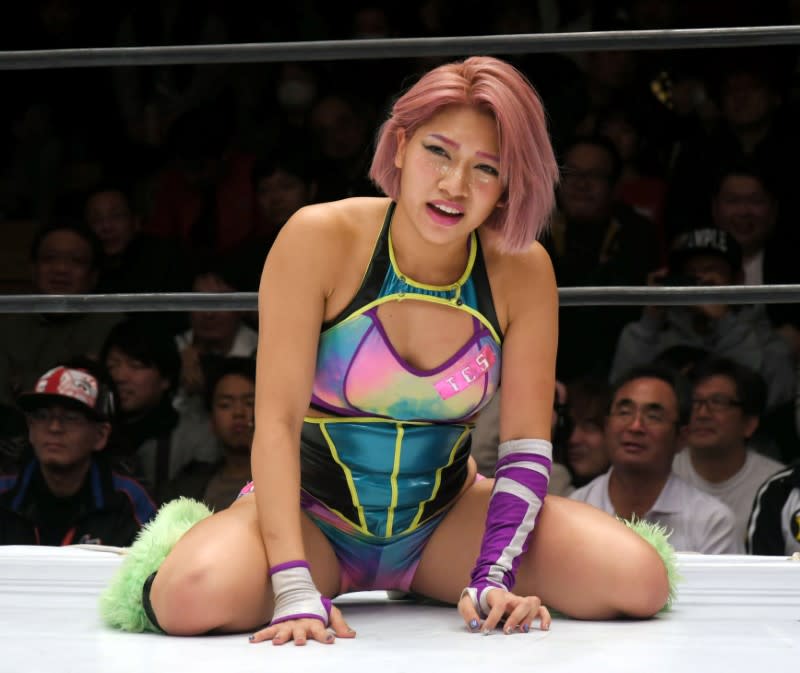 Hana Kimura reacts during the women's professional wrestling 'Stardom' match at Korakuen Hall in Tokyo