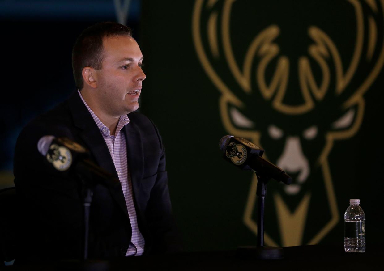 Milwaukee Bucks general manager Jon Horst speaks at a news conference in the team's new arena Monday, May 21, 2018, in Milwaukee. (AP Photo/Aaron Gash)