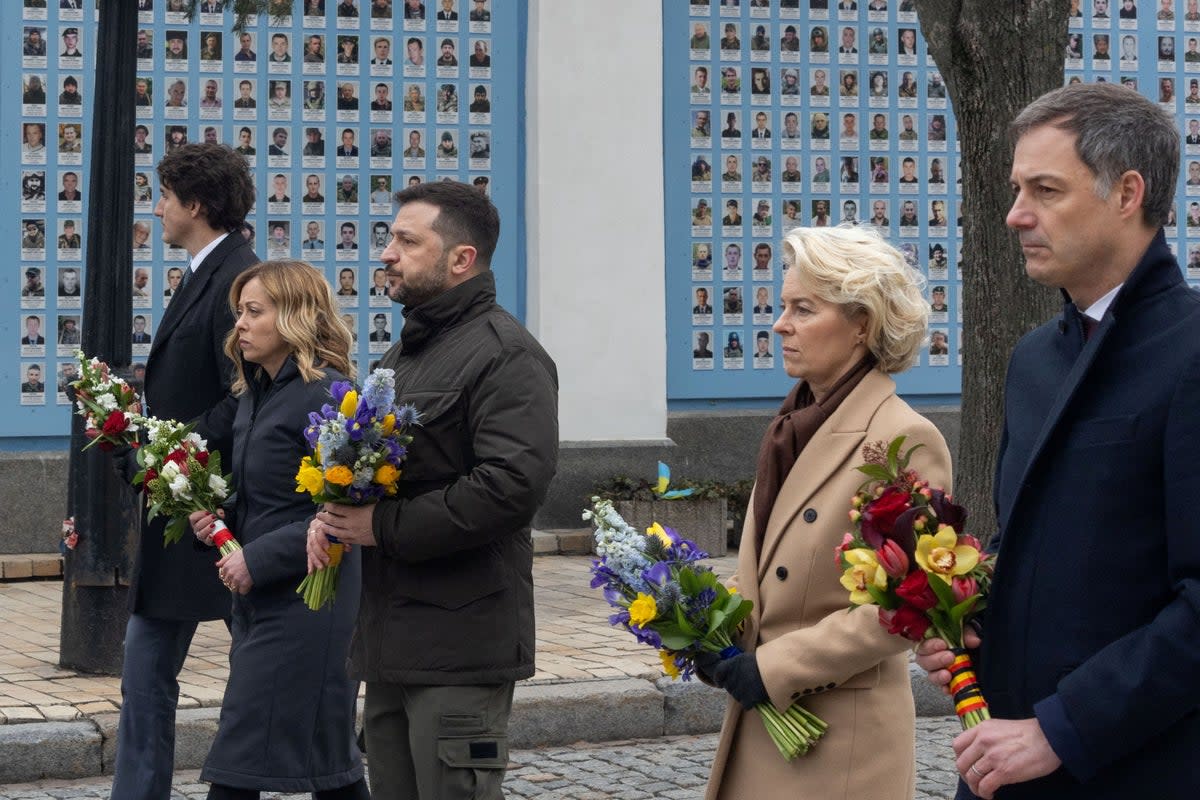 Volodymyr Zelensky, centre, is joined in Kyiv by, left to right,  Justin Trudeau, Georgia Meloni,  Ursula von der Leyen and Alexander De Croo  (Reuters)