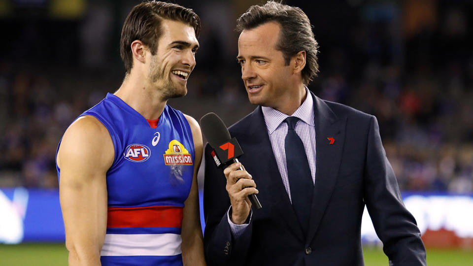 Hamish McLachlan, pictured here interviewing Easton Wood during an AFL game in 2018.