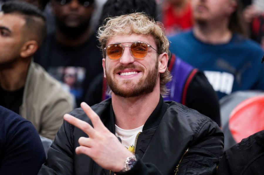 TORONTO, ON – OCTOBER 28: Logan Paul poses courtside during break in play between the Toronto Raptors and the Philadelphia 76ers in their basketball game at the Scotiabank Arena on October 28, 2023 in Toronto, Ontario, Canada. NOTE TO USER: User expressly acknowledges and agrees that, by downloading and/or using this Photograph, user is consenting to the terms and conditions of the Getty Images License Agreement. (Photo by Mark Blinch/Getty Images)