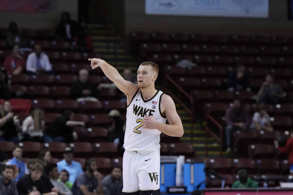 Nov 17, 2023; Charleston, SC, USA; Wake Forest Demon Deacons guard Cameron Hildreth (2) gives some direction in the first half against the Towson Tigers at TD Arena. David Yeazell-USA TODAY Sports