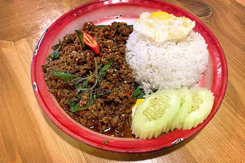 'Pad krapao moo sap' or rice with stir-fried holy basil with minced pork.