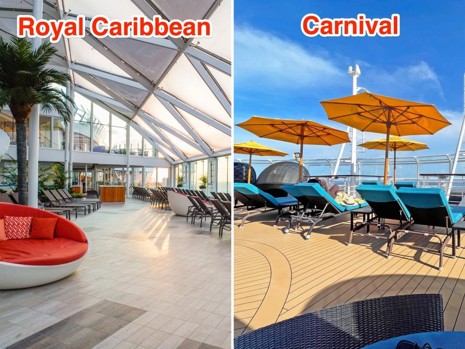Adult-only sections on Royal Caribbean (L) and Carnival (R) ships