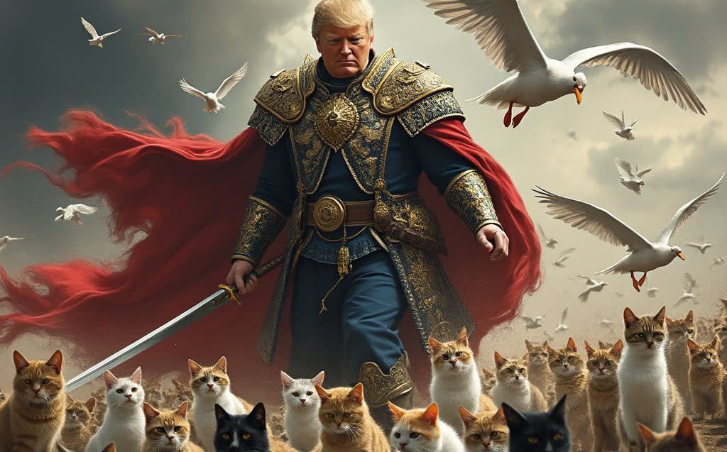 Trump depicted as a gladiator saving cats in a meme on social media