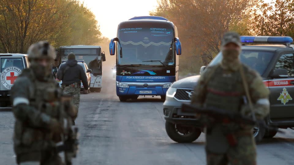 A bus carrying civilians evacuated from Azovstal steelworks plant in Mariupol arrives in the village of Bezimenne, in the Donetsk region, on May 6, 2022. - Alexander Ermochenko/Reuters