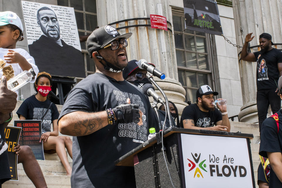 Terrence Floyd, brother of George Floyd, speaks during a rally on Sunday, May 23, 2021, in Brooklyn borough of New York. George Floyd, whose May 25, 2020 death in Minneapolis was captured on video, plead for air as he was pinned under the knee of former officer Derek Chauvin, who was convicted of murder and manslaughter in April 2021. (AP Photo/Eduardo Munoz Alvarez)