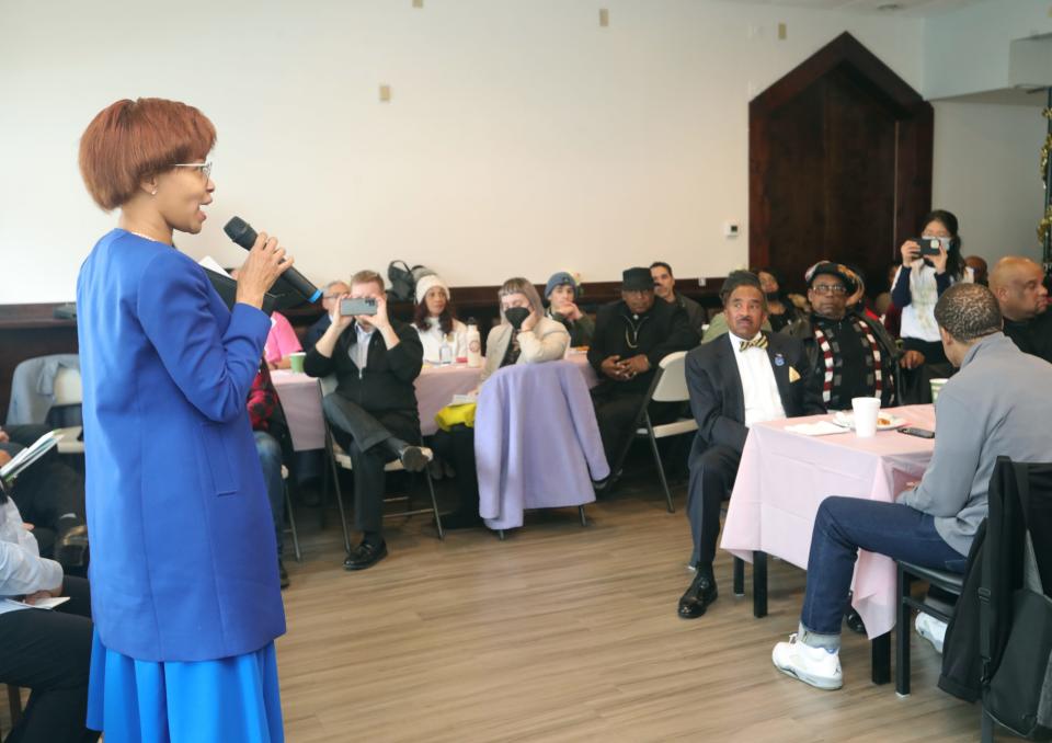 Councilwoman Tara Mosley answers a question during a mayoral candidate forum Saturday in Akron.