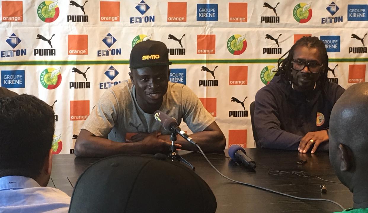 Liverpool and Senegal forward Sadio Mane speaks during a media conference before the football friendly between Senegal and Brazil in Singapore. Beside him is Senegal head coach Aliou Cisse. (PHOTO: Chia Han Keong/Yahoo News Singapore)