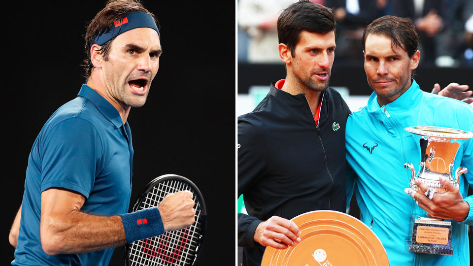 Roger Federer, Novak Djokovic and Rafael Nadal in action on the tennis court.