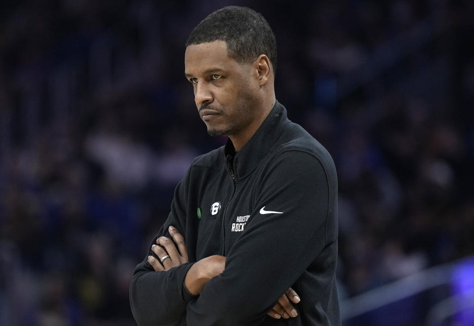 Head coach Stephen Silas of the Houston Rockets looks on against the Golden State Warriors during the first quarter of an NBA basketball game at Chase Center on February 24, 2023 in San Francisco, California. NOTE TO USER: User expressly acknowledges and agrees that, by downloading and or using this photograph, User is consenting to the terms and conditions of the Getty Images License Agreement. (Photo by Thearon W. Henderson/Getty Images)