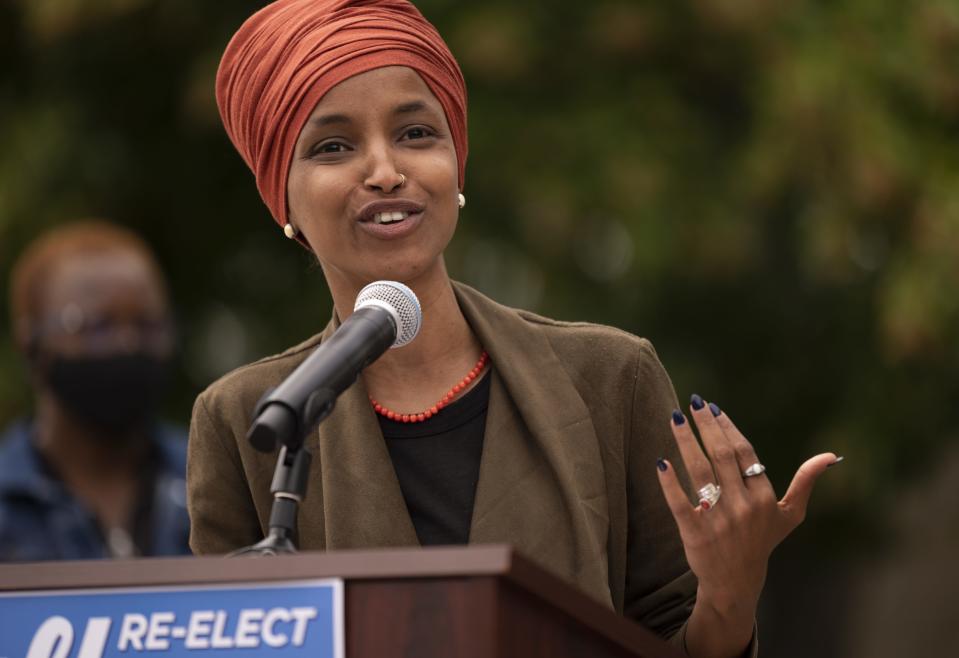 Rep. Ilhan Omar, D-Minn., speaks during a news conference in St. Paul, Minnesota, Aug. 5, 2020. Omar is hoping to retain her seat as the representative for Minnesota's 5th Congressional District.