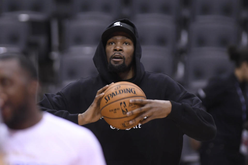 Golden State Warriors Kevin Durant watches during basketball practice at the NBA Finals in Toronto, Saturday, June 1, 2019. (Nathan Denette/The Canadian Press via AP)