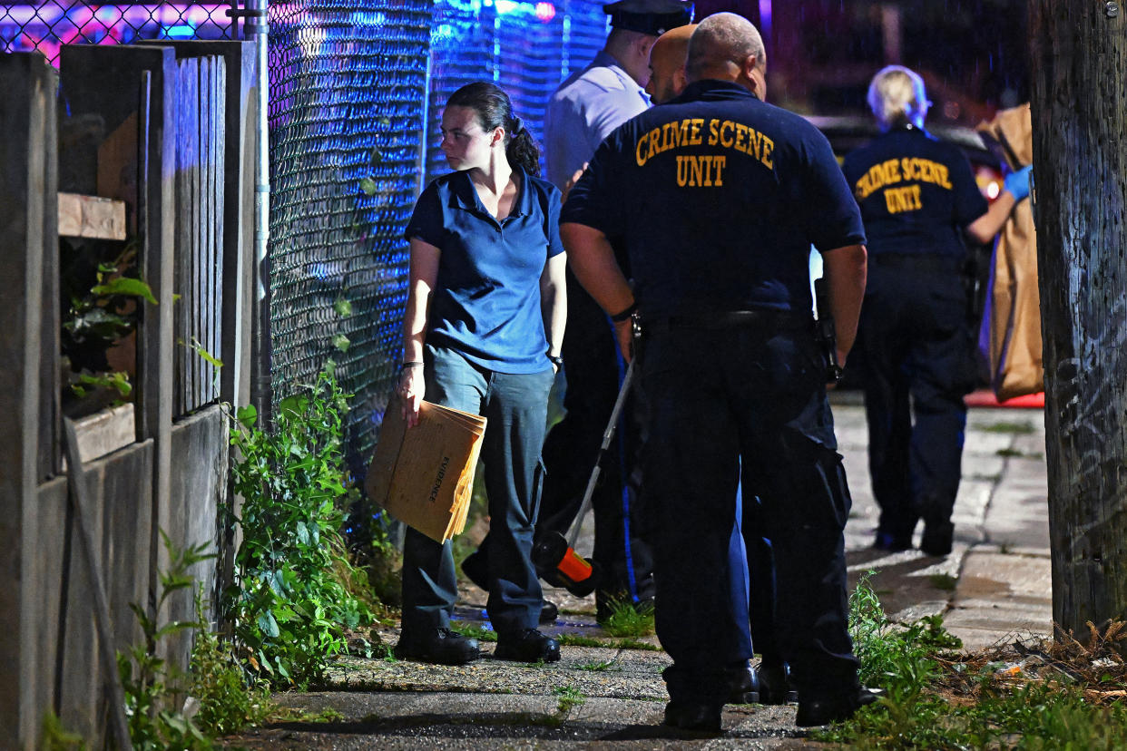 Police work the scene of a shooting on July 3, 2023 in Philadelphia, Pennsylvania. Early reports say the suspect is in custody after shooting 8 people in the Kingsessing section of Philadelphia on July 3rd. (Drew Hallowell / Getty Images)