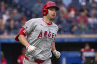 Los Angeles Angels' Nolan Schanuel watches his solo home run off Cleveland Guardians starting pitcher Tanner Bibee during the third inning of a baseball game in Cleveland Friday, May 3, 2024. (AP Photo/Phil Long)