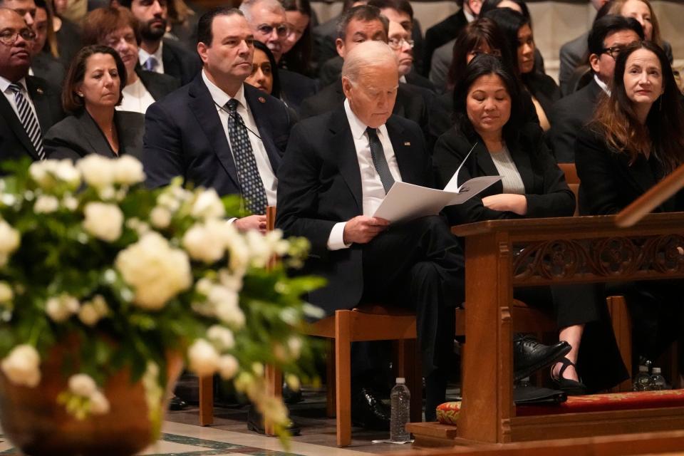 President Joe Biden attends a funeral service for former US Supreme Court Justice Sandra Day O'Connor at the National Cathedral in Washington on Dec. 19, 2023. O'Connor, the first woman to serve on the Supreme Court, died on Dec. 1, 2023.