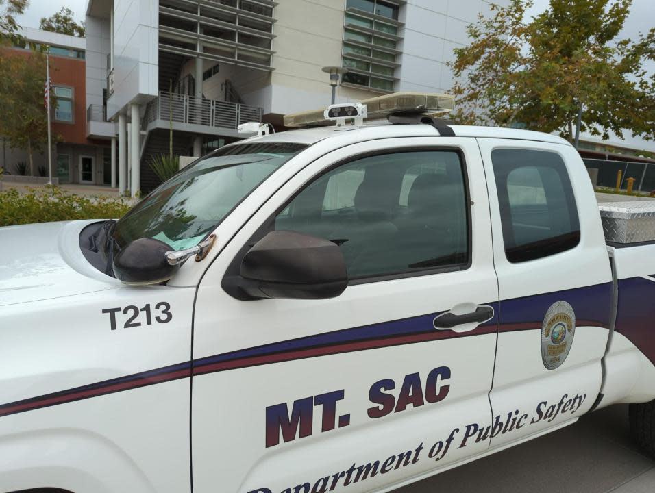 A photo of a police car - Automated license plate readers are mounted on Mt. SAC campus police vehicles to scan traffic on campus.