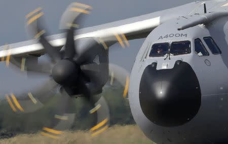 A new Airbus A400M military aircraft rolls on the runway, in this picture taken September 30, 2013, after it landed at the Orleans air base. REUTERS/Christian Hartmann/Files