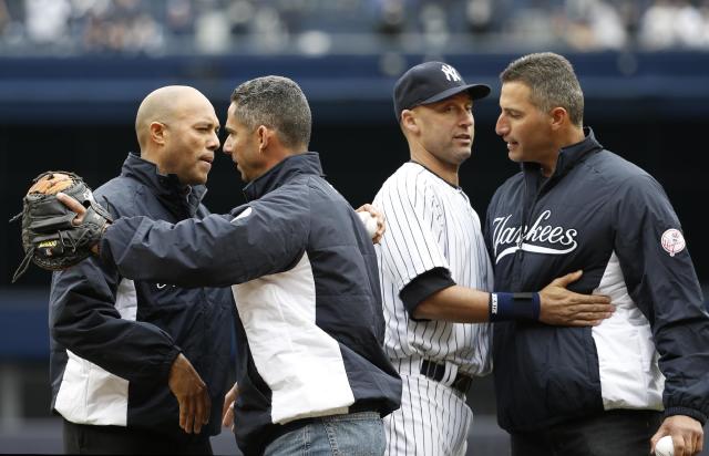 From left, New York Yankees' Mariano Rivera, Jorge Posada and