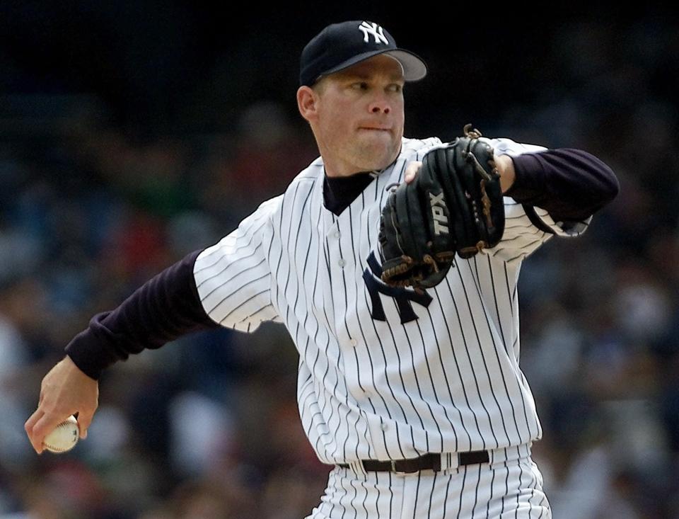 This file photo from April 16, 2000 shows New York Yankees pitcher Jason Grimsley pitching against the Kansas City Royals during the first inning at Yankee Stadium in New York.