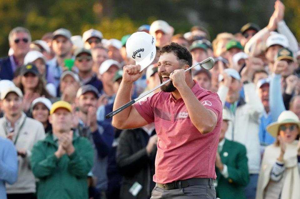 Jon Rahm reacts on the 18th green after winning The Masters golf tournament.