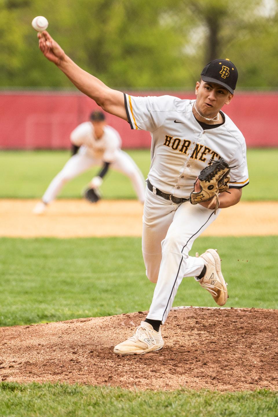 HP #8 Joe LoPinto pitches the ball. Parsippany baseball hosts Hanover Park in an NJAC crossover game on Friday, April 28, 2023.