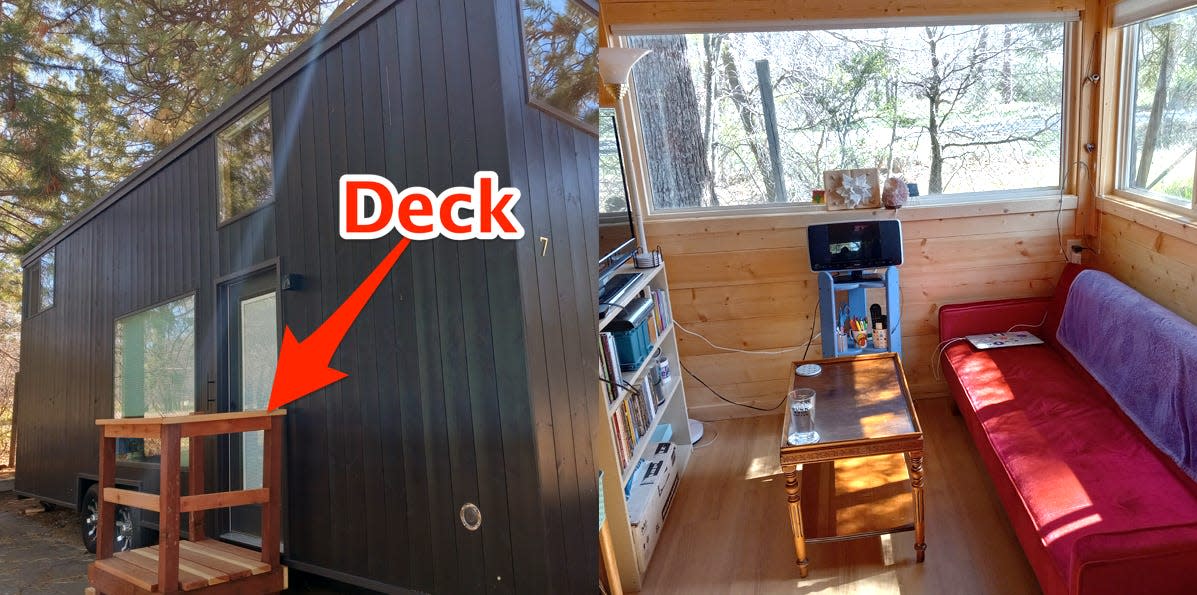 tiny home with arow pointing to deck next to interior living room with couch and tv