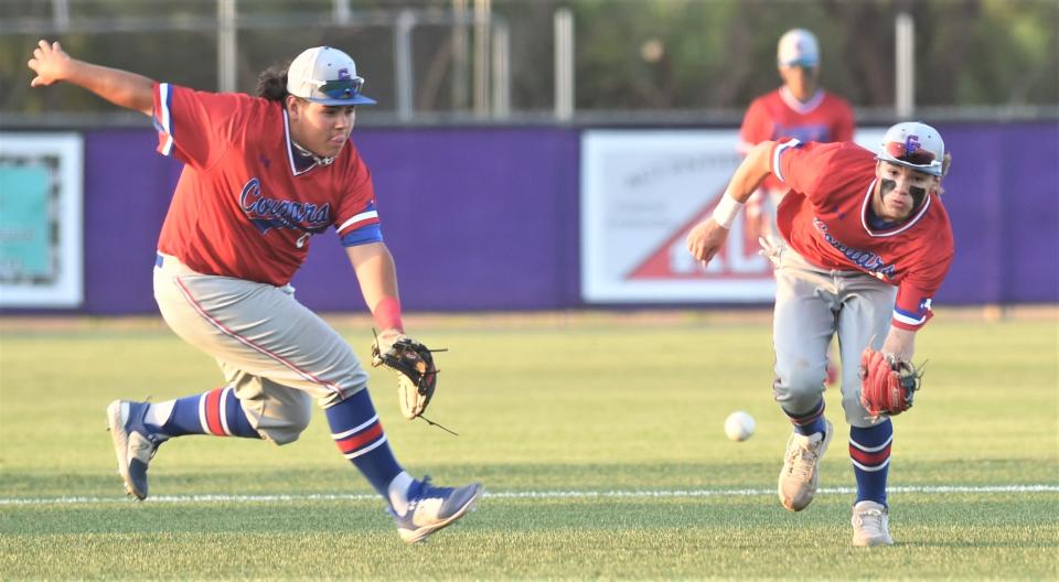 Abilene Cooper shortstop Jaden Carrillo, right, fields Colby Garrett's grounder as third baseman Jace Crawford also goes after the ball in the third inning. Carrillo made the play for the second out in the inning.