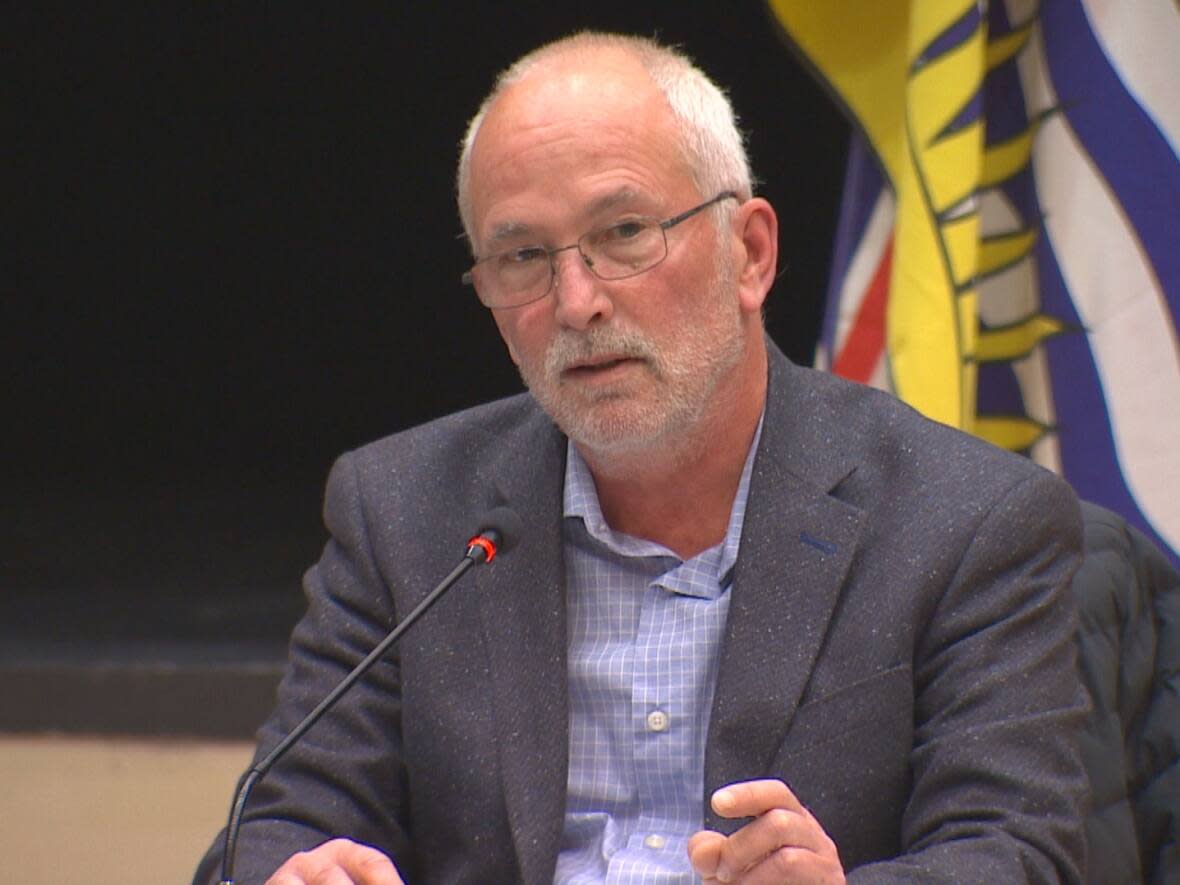 Harrison Hot Springs Mayor Ed Wood speaks at a council meeting on May 6. Infighting has been common during council meetings since Wood's election in 2022. (Jim Mulleder/CBC News - image credit)