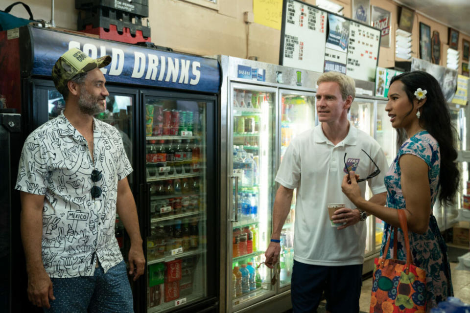 Waititi, Fassbender, and Kaimana on set (Image: Hilary Bronwyn Gayle. Courtesy of Searchlight Pictures. © 2022 20th Century Studios All Rights Reserved)