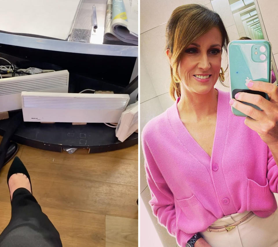 On the left, a shot of heaters and a foot wearing a black shoe on the Sunrise set. On the right, Natalie Barr taking a photo of herself in a pink cardigan.