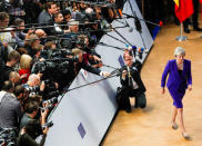 Britain's Prime Minister Theresa May walks away after speaking to the media before the European Union leaders summit in Brussels, Belgium October 18, 2018. REUTERS/Yves Herman