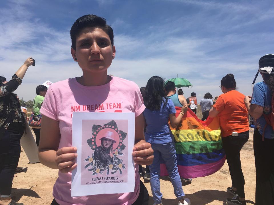 Gabriela Hernandez, executive director of the nonprofit New Mexico Dream Team, takes part in a protest June 6, 2018, outside a U.S. Immigration and Customs Enforcement office in Albuquerque, N.M., over the death of Roxsana Hernandez, a Honduran transgender woman who died in U.S. custody. Authorities say she developed symptoms of pneumonia, dehydration and complications associated with HIV.