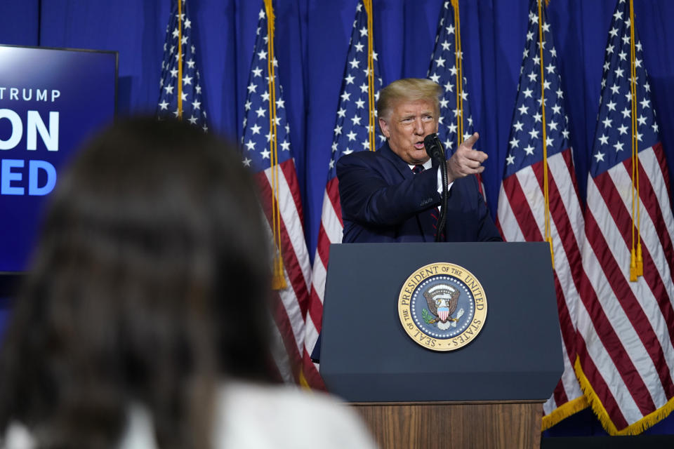 President Donald Trump speaks during a coronavirus briefing at Bioprocess Innovation Center at Fujifilm Diosynth Biotechnologies, Monday, July 27, 2020, in Morrisville, N.C. (AP Photo/Evan Vucci)