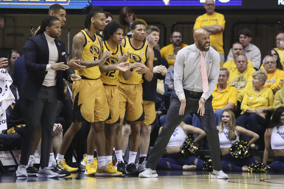 Missouri coach Cuonzo Martin reacts to a call during the first half of an NCAA college basketball game against West Virginia Saturday, Jan. 25, 2020, in Morgantown, W.Va. (AP Photo/Kathleen Batten)