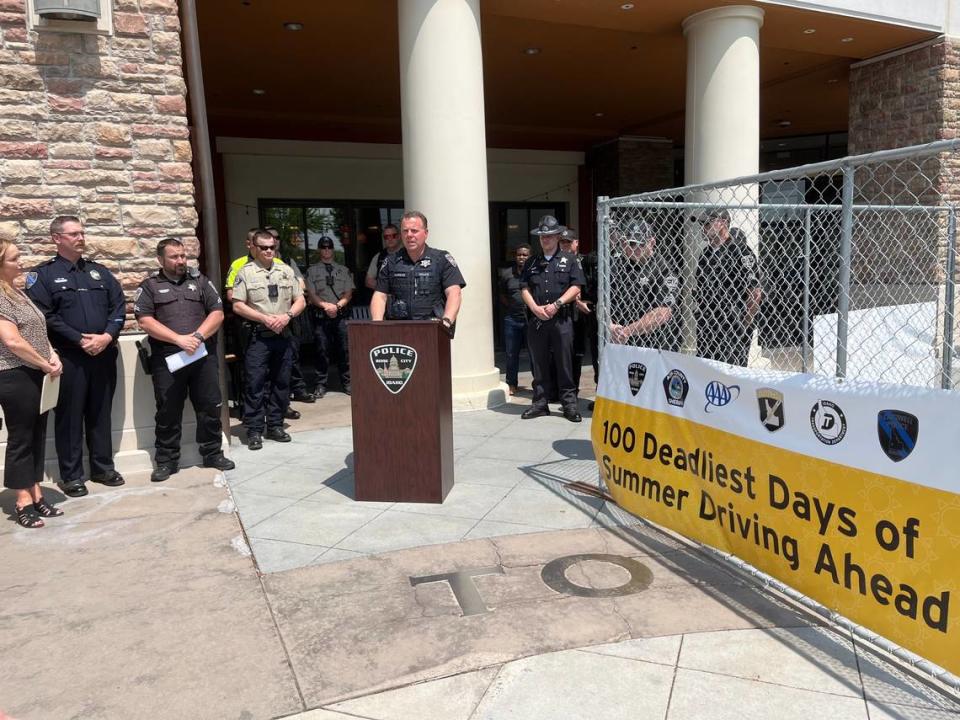 Boise Chief of Police Ron Winegar spoke at the Boise Towne Square Mall on May 19, 2023 as part of a joint-department event promoting safe driving on Idaho roads.