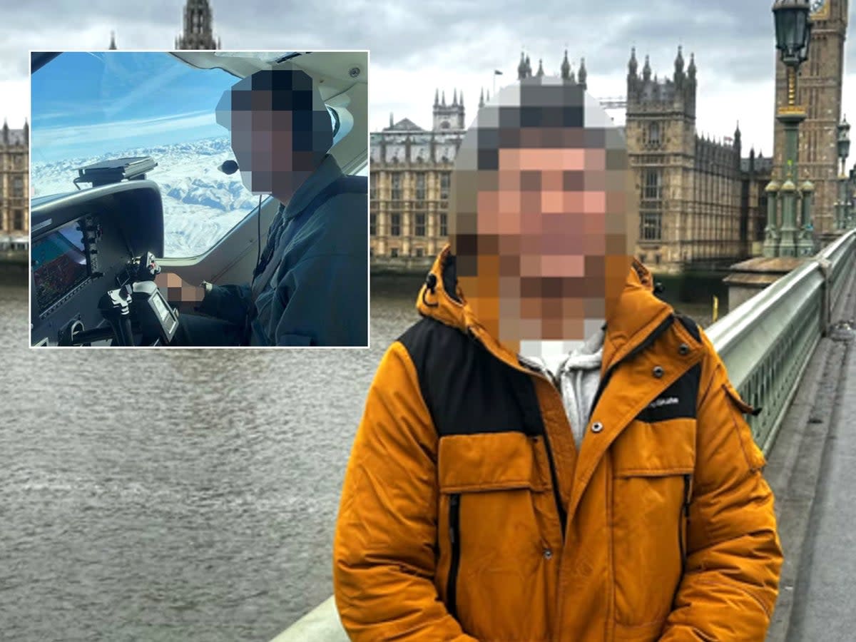 The former Afghan air force pilot outside Westminster and (inset) in his plane (The Independent)