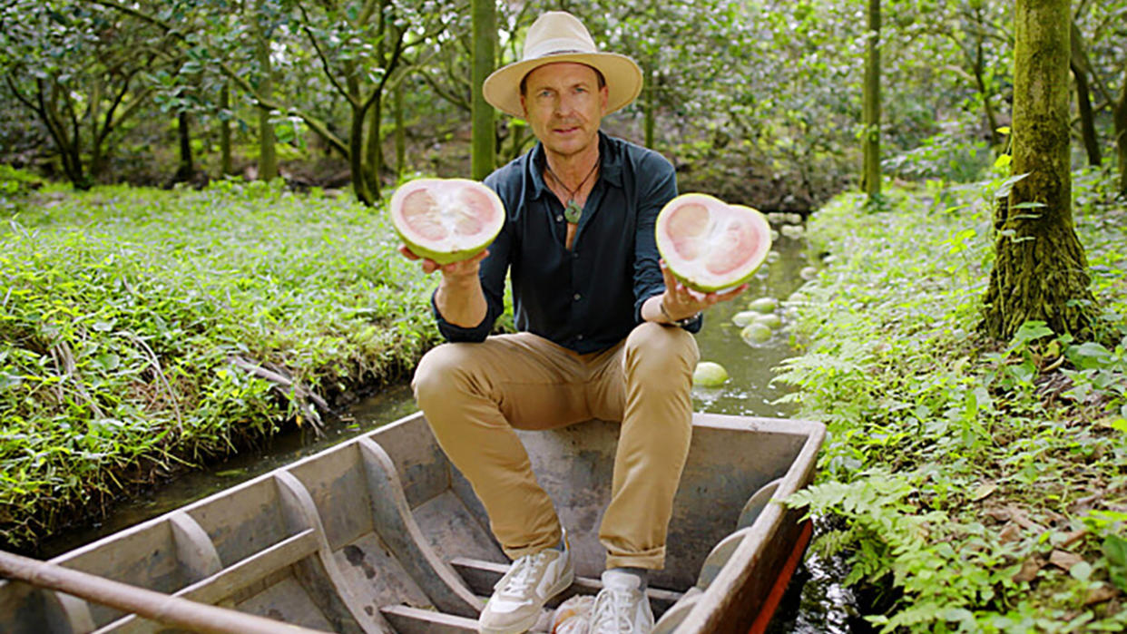  Photo of Phil Keoghan during the melon challenge in Season 35 of The Amazing Race. 